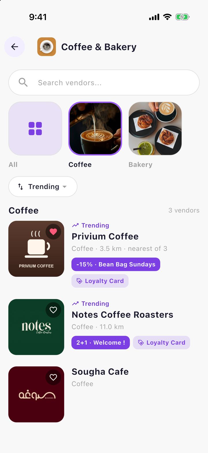 Privium app Coffee & Bakery category filtered to Coffee, with trending venues, member offer badges and loyalty cards
